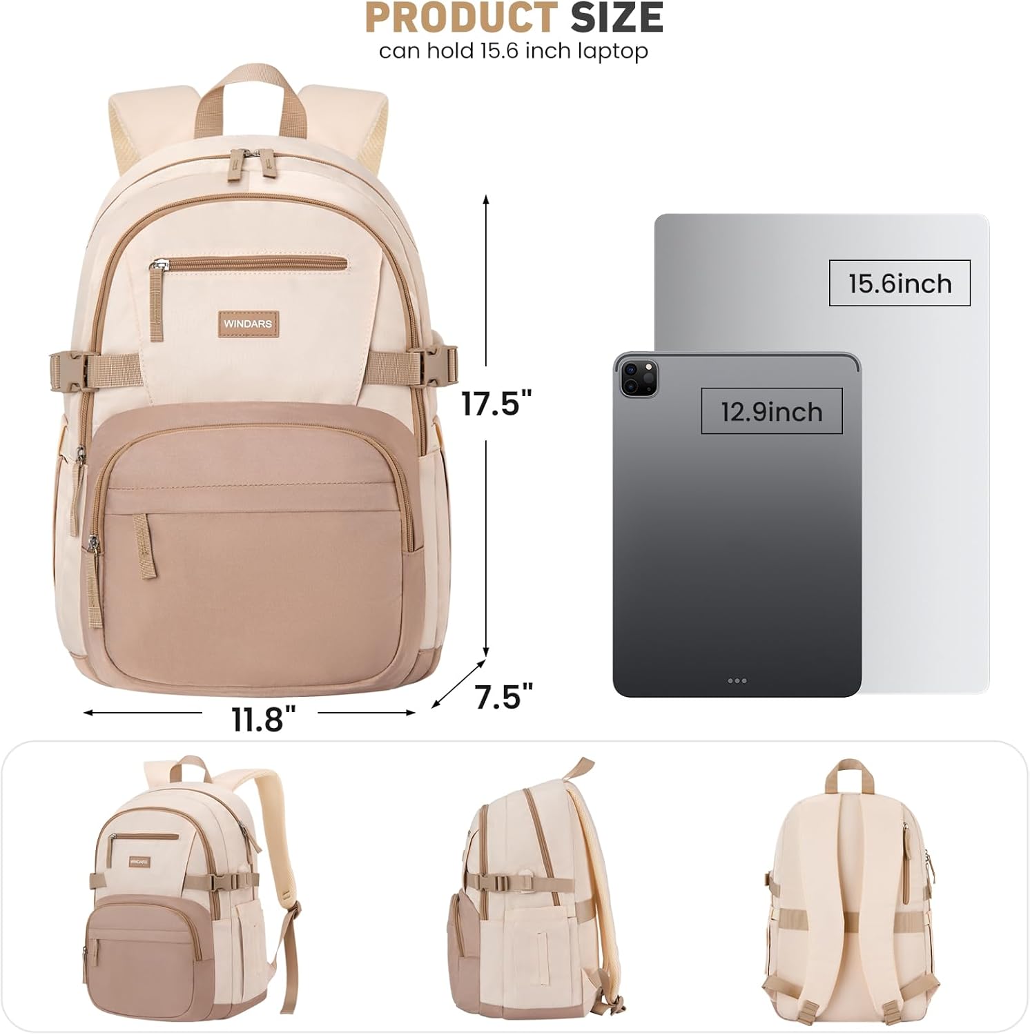 WINDARS Backpack for School Girls, Cute High School Backpacks for Teens Women Student Large Bookbag 15.6 Inch Laptop Bag with USB Charger Port for College Work Travel Trip (Beige Khaki) - Image 3