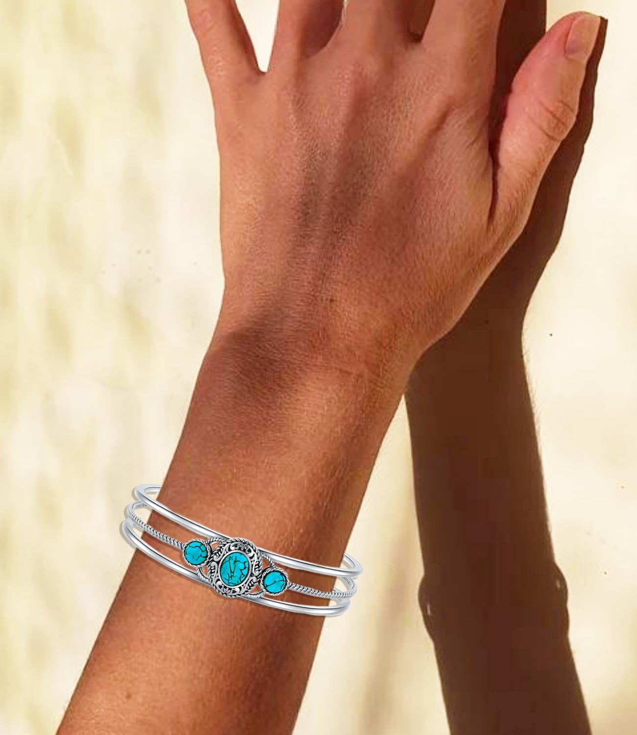 Genuine 3 Turquoise Stone Bracelet, Sterling Silver Boho Adjustable Bangle Cuff Native American Vintage Jewelry for Women, Fit for 6.5 7 7.5 Inches - Image 2