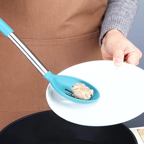 Miniatura 4 de Paquete de 2 cucharas grandes de silicona ranuradas para cocina con cucharón antiadherente de alta resistencia al calor, sin BPA, para escurrir y