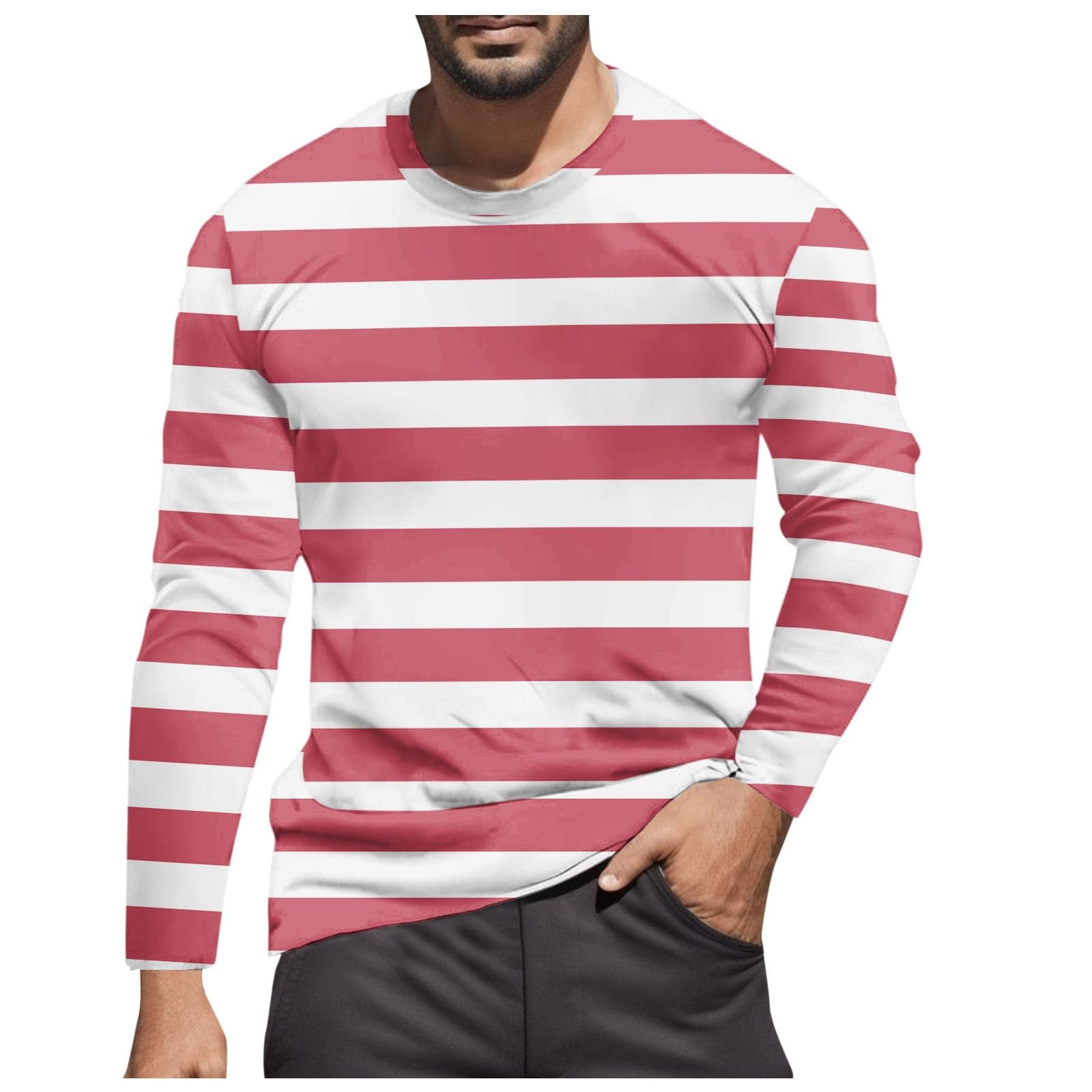 Striped Shirt Men Women Red White Long Sleeve T-Shirt Carnival Long Sleeve T-Shirt Horizontal Stripes Wide Stripes Fine Stripes Crew Neck Leisure Top Striped Shirt Fancy Dress Costumes, Red 11, XL