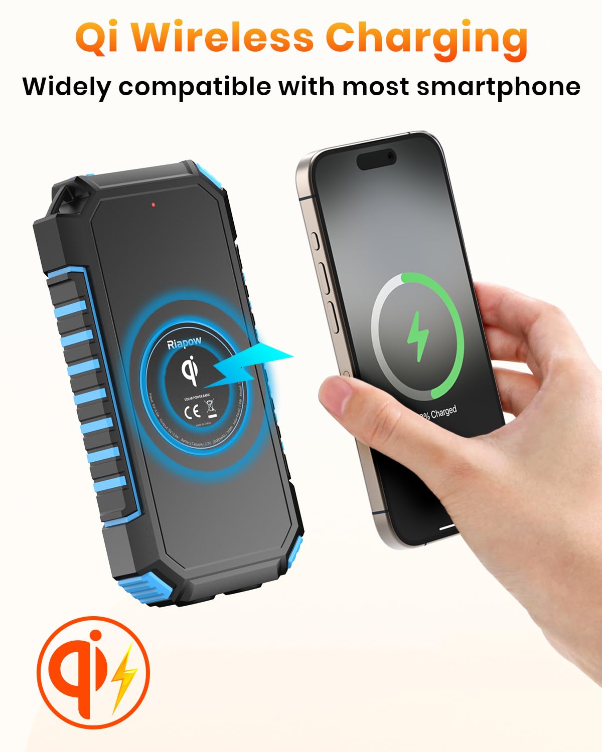 Caricatore Solare Power Bank Wireless 26800mAh - Riapow USB C PD QC 3.0 Batteria Esterna Caricatore Portatile Senza Fili Qi con Doppia Torcia per Smartphone, Tablets e Campeggio (Blu)