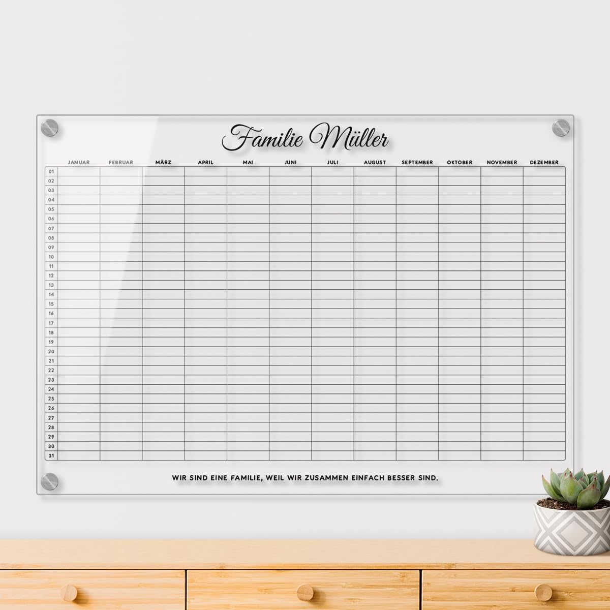 Personalisierter Acrylglas Wandkalender - Familien Jahresplaner abwischbar DIN A3, A2 oder A1 XXL wählbar inkl. Montagematerial und Edelstahl Abstandhalter, langlebig, klarer UV-Druck