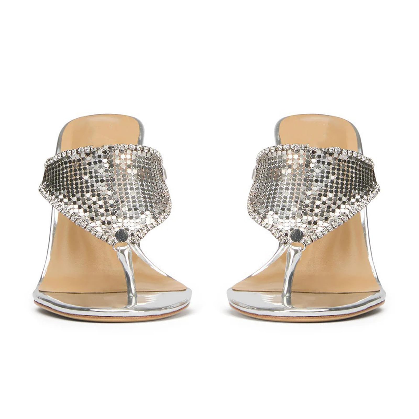 Sandalias Mule con Tiras de Diamantes de imitación de 9 cm y tacón Alto Fino