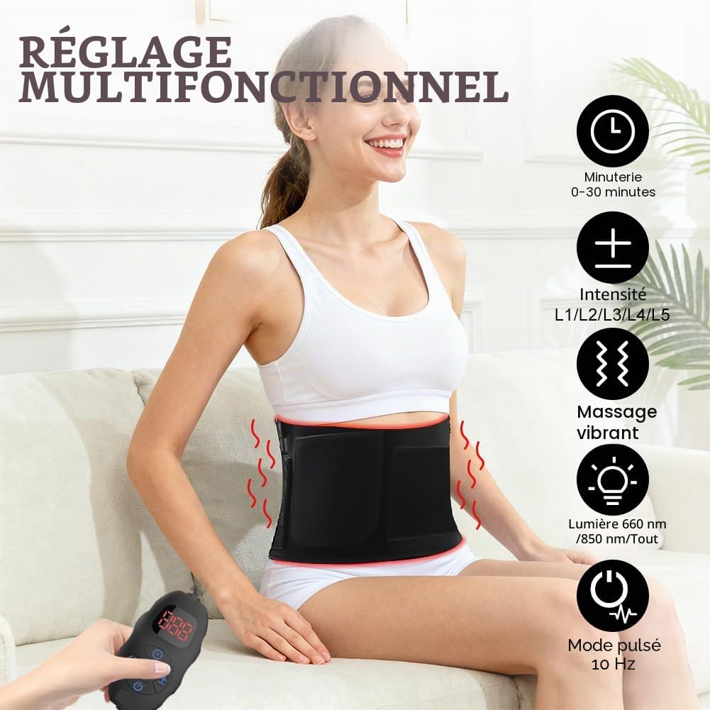 Ceinture thérapeutique à 120 LED à lumière rouge - 5 niveaux de vibrations - Massage avec mode pulsé 10 Hz - Thérapie par lumière infrarouge pour les douleurs du dos, des épaules et de la taille