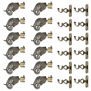 GRIVAN Aluminium Rajwada Royal Curtain Brackets Parda Holders with Support Fittings 1 Inch Rod Pocket Finials DesignerDoorandWindow(Antique ,Pair of 6)