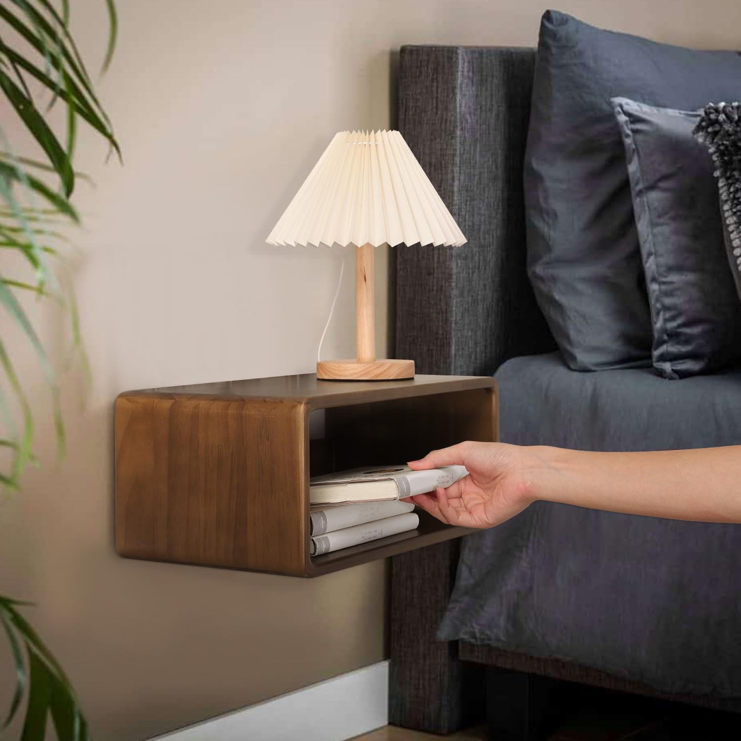 VASIL MART Floating Nightstand Wooden, Wall Mounted Bedside Table Shelf, Handmade, Minimalist and Unique Style, 40 x 17.5 x 25 CM, Brown-image-26