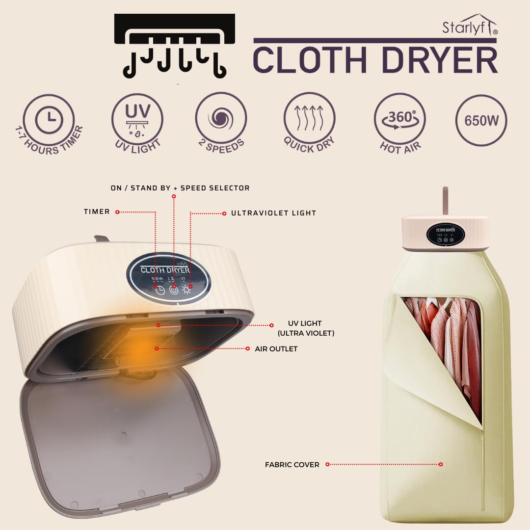 Cloth Dryer – Secadora Eléctrica Portátil para Ropa, Aire Caliente 360°, Secado Rápido y Eficiente, Limpia y Desinfecta, Ideal para Pisos, Apartamentos y Viajes