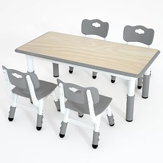 LulliSpace Kids Table & 4 Chairs Set - Height Adjustable, 47.2x23.6 Wipe-Clean Desktop for Toddlers, Study, Play in Homes & Daycares