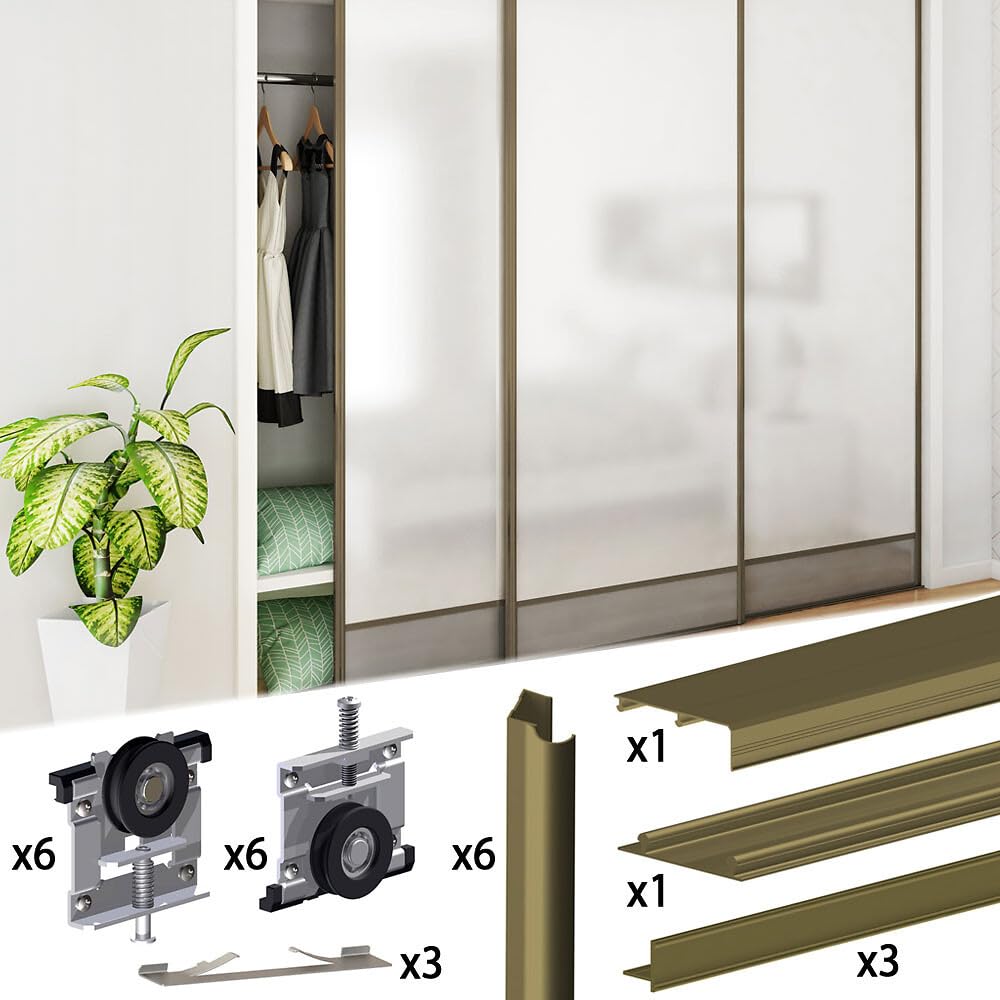 Kit SLID'UP 220 aluminio anodizado bronce para 3 puertas correderas de armario de 18 mm - carril 2,7 m - 70 kg