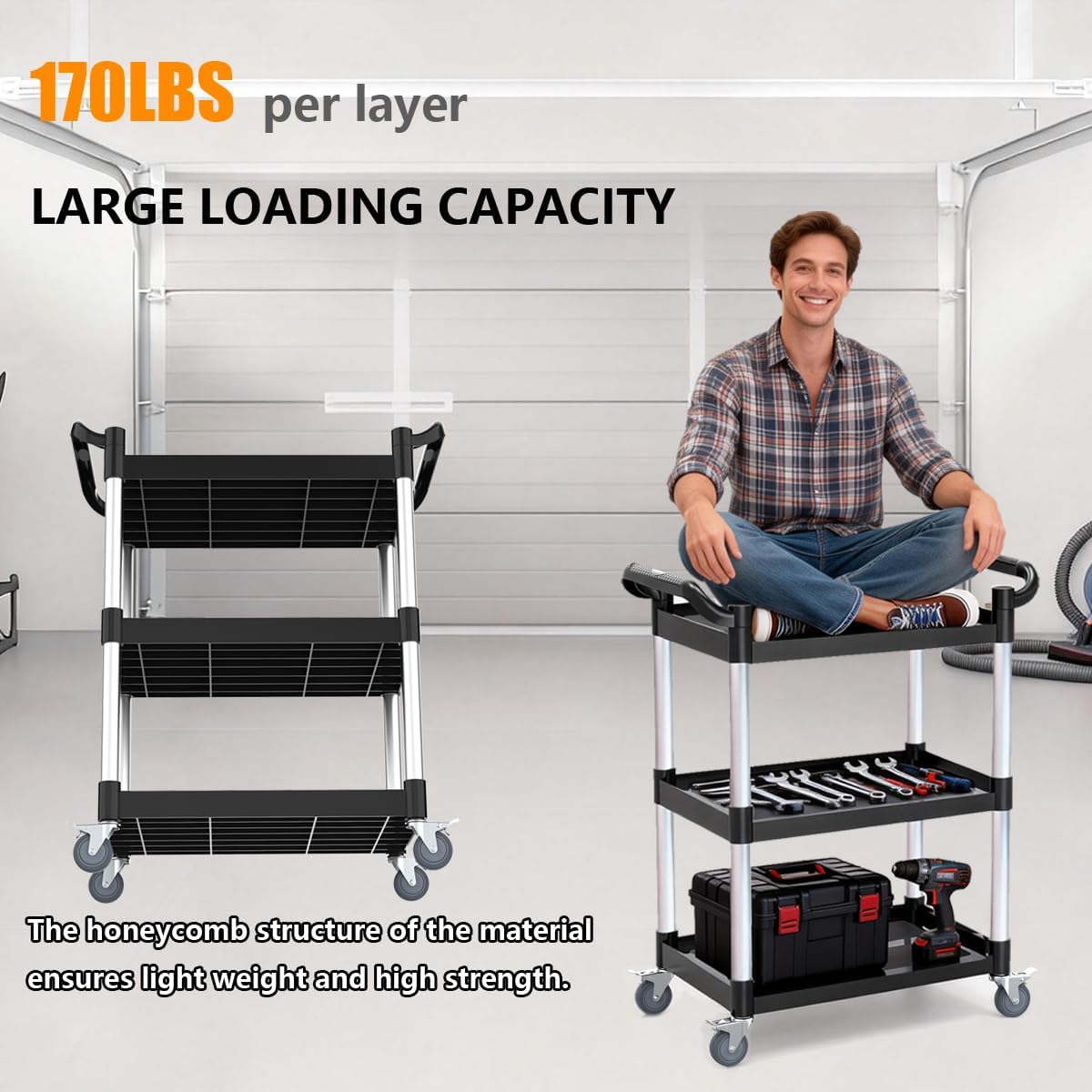 3-Tier Rolling Utility Cart with 4 Lockable Quiet Wheels – 510LB Capacity, Commercial Use for Restaurant/Office/Warehouse/Hotel, Easy Assembly, Black (31.1x16.7x37.8 in)
