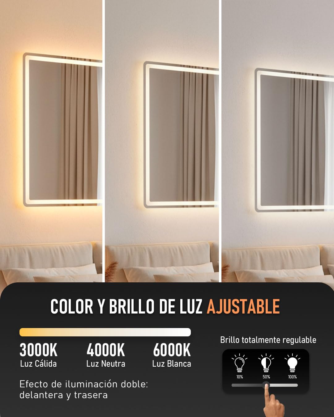 Espejo con Bluetooth y Luz LED Tipo 2 Regulable 3000K/4000K/6000K【120 x 70 cm】 Función Antivaho, Modelo Horizontal de Pared con Interruptor Táctil, Instalación Fácil