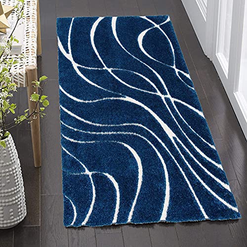Image of (Pack of 2 Geometric Wave Shaggy Carpet for Living Room, Bedroom, High Low Design Finish Microfiber 1.8 Inch Pile High, 2x5 Feet Runner Navy|Ivory Color
