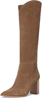 Knee High Boots for Women, Comfortable Chunky High Heel Pointed Toe Wide Calf Leather Tall Boots with Side Zip