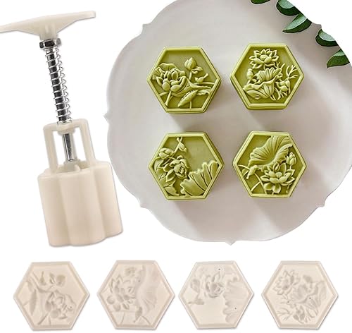 Miniatura 10 de Molde de prensa de pastel de luna de flores chinas galletas prensadas a mano para postres bricolaje pastel de luna 1 molde con 4 sellos para varias