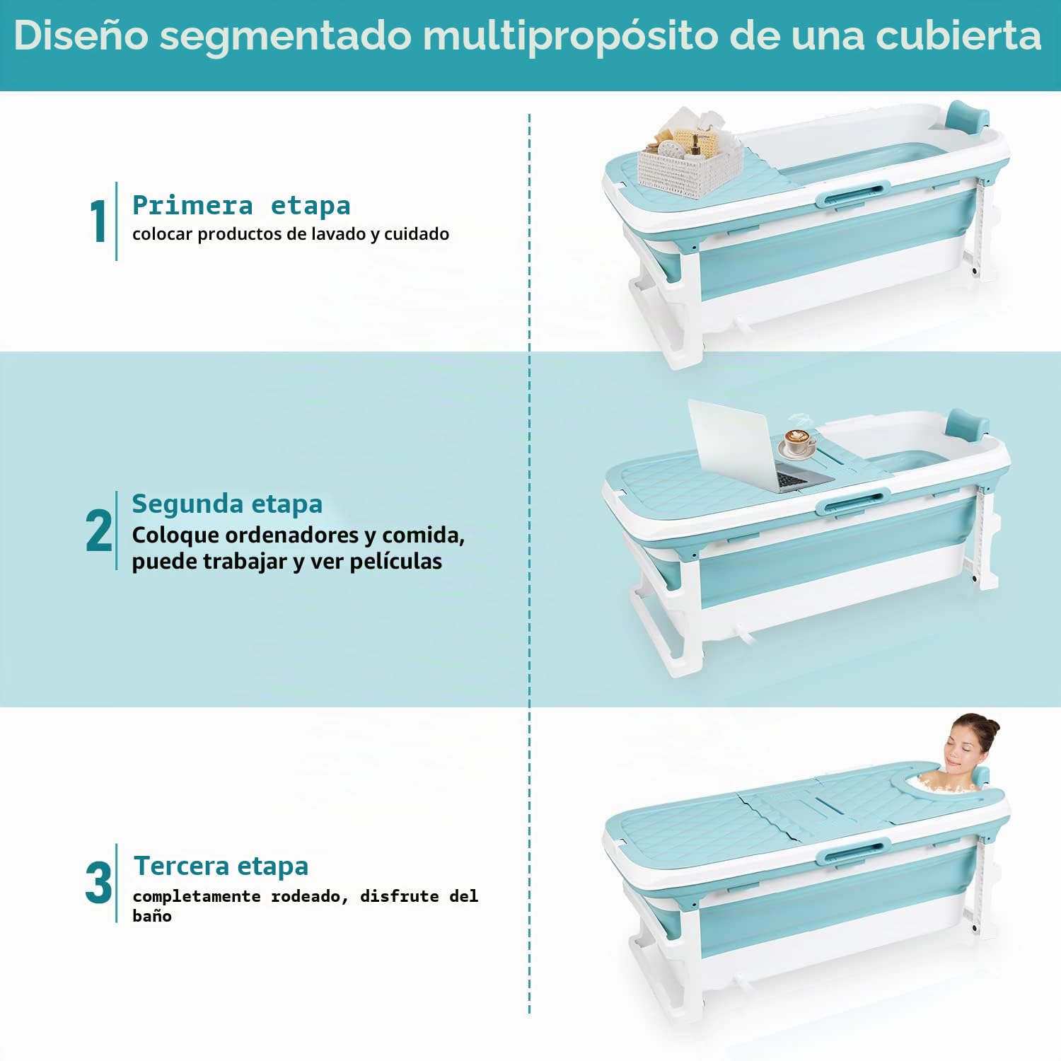 149 x 60 x 50 cm XXL Plegable bañera móvil con cubierta plegable, cesta para baño y ducha