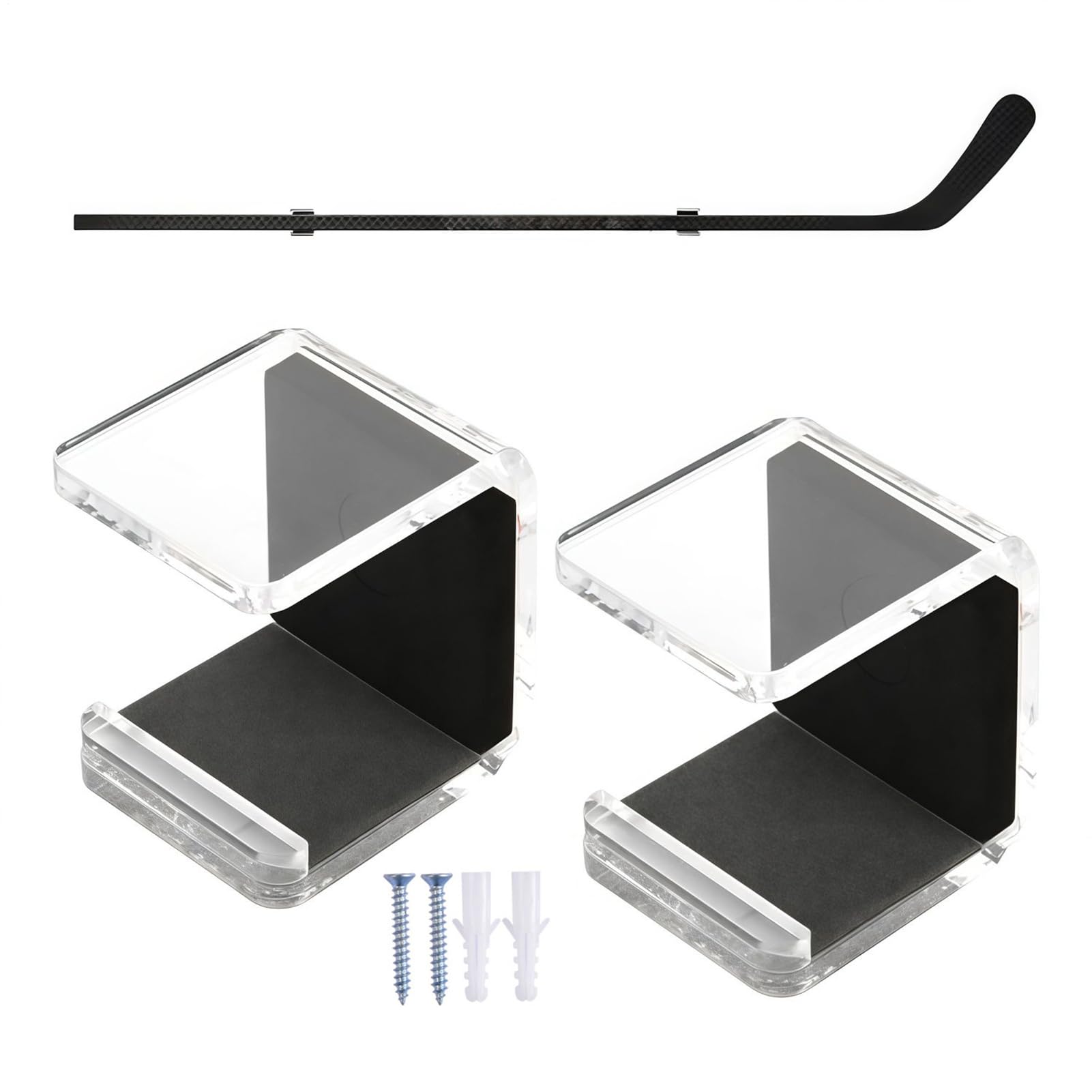 2-Piece Horizontal Hockey Stick Wall Mount Hook - Sport Equipment Holder with Anti-Scratch Pad for Garage Storage