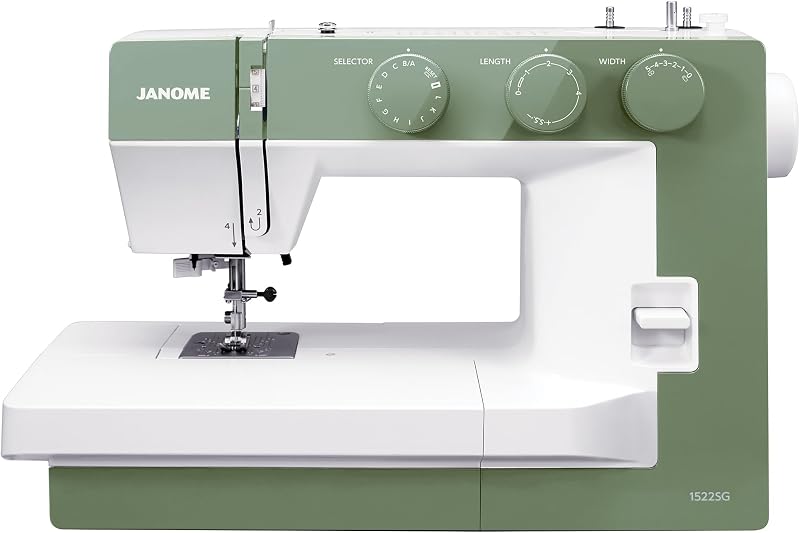 Janome 1522SG Máquina de coser mecánica - Máquina de coser estética suave y verde para principiantes, 22 puntadas incorporadas, ojal de 1 paso, marco de metal resistente, enhebrador de agujas incorporado para un uso fácil