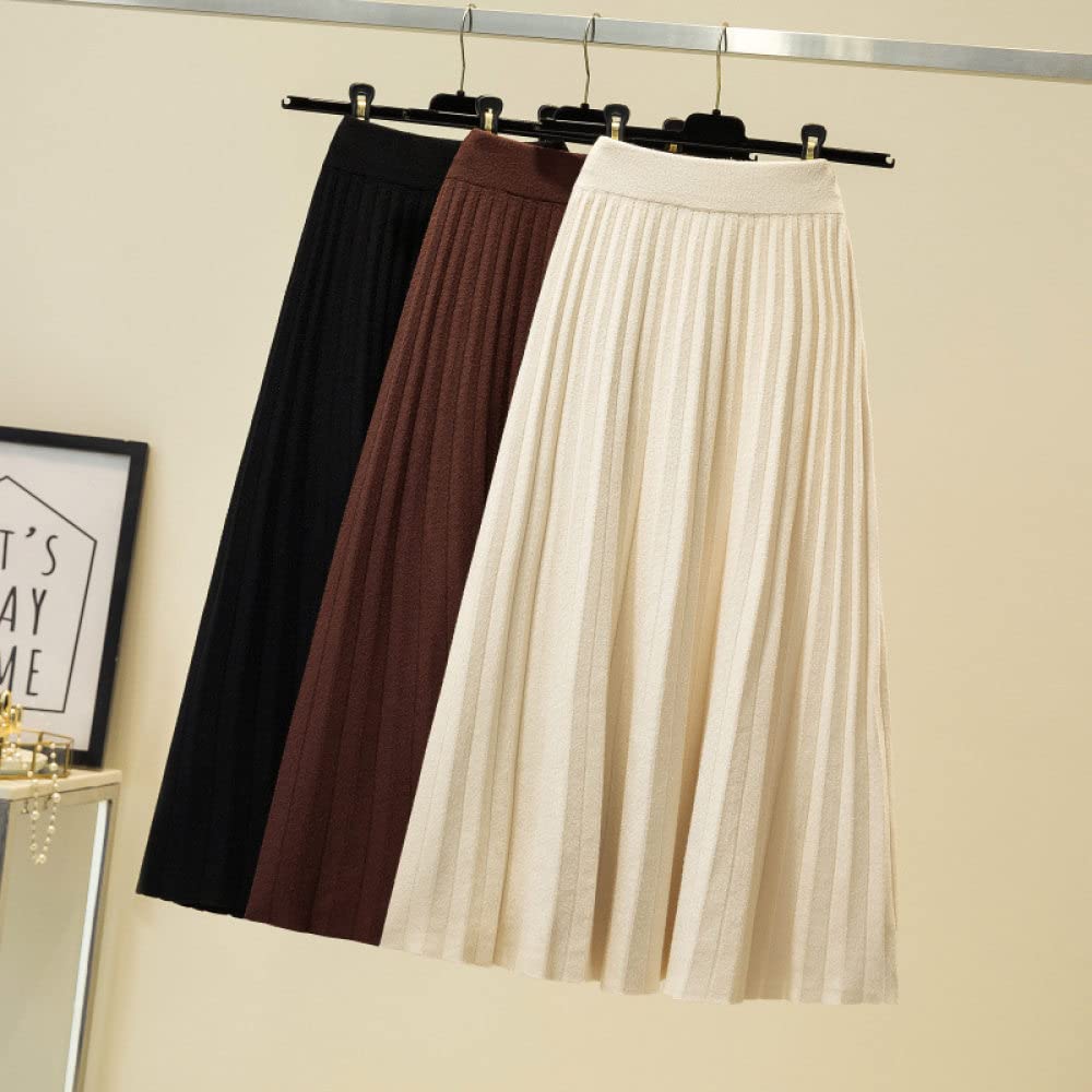 Dehnbarer Strickrock,Damen-Midirock, Dunkelbraun, Elastisch, Hohe Taille, Gestrickter Faltenrock, Hüftumwickelt, A-Linie, Schaukel, Gerafft, Herbst, Einfache Lange Röcke Für Mädchen, Damen,L