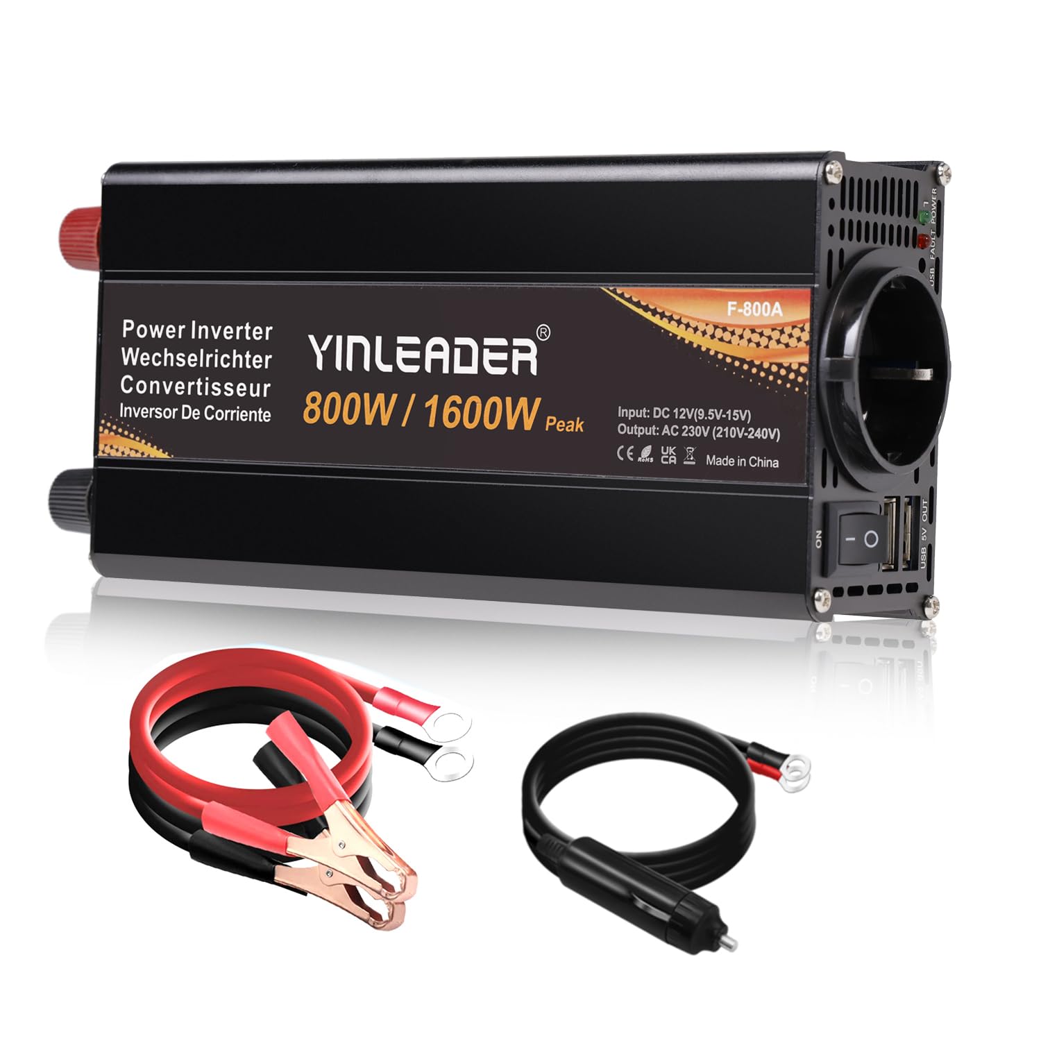 Yinleader 800W /1600W Wechselrichter 12V auf 230V KFZ Spannungswandler mit 1 EU Steckdose, 2 USB LED KFZ-Spannungswandler mit Zigarettenanzünder, für Auto, Camping, Wohnmobil