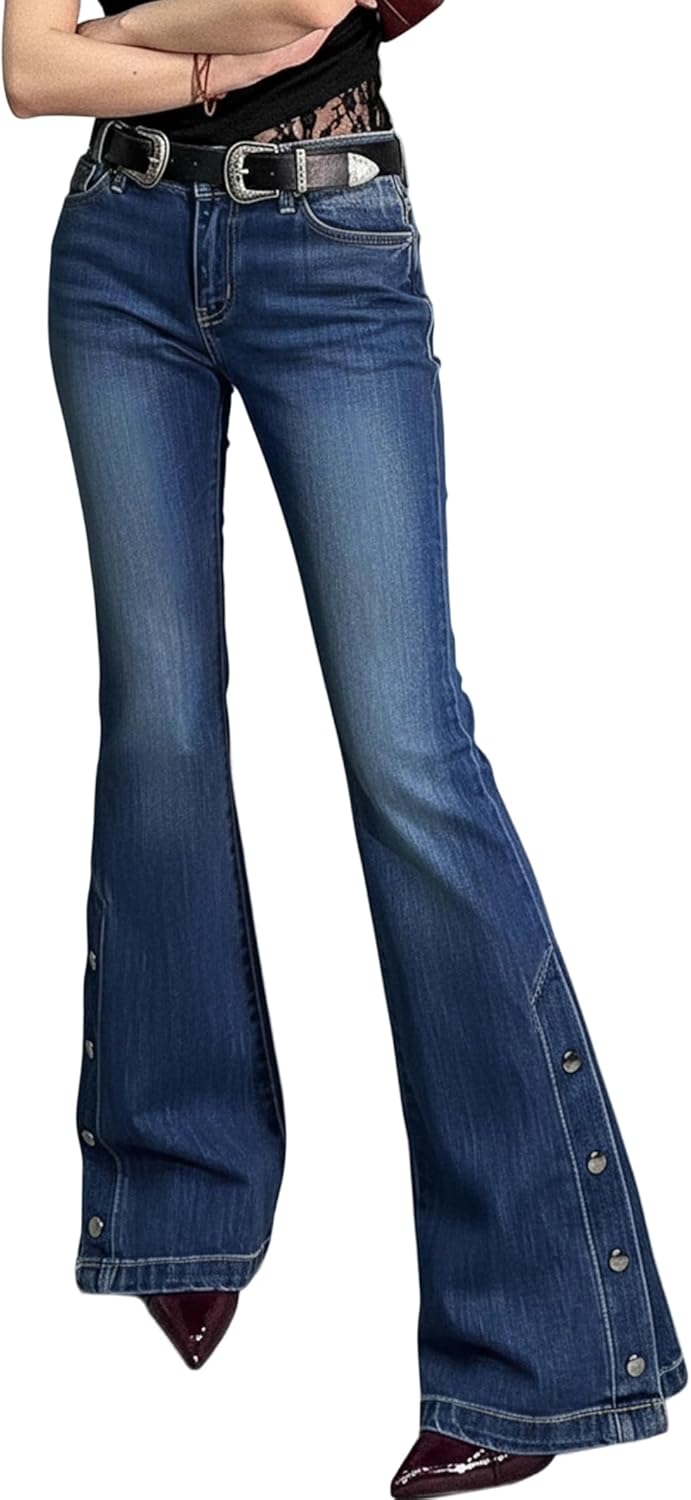 Women Bell Bottom Jeans Stretchy Flare Mid Rise Embroidery Vintage Denim Pants 90s Outfits Y2k Clothes
