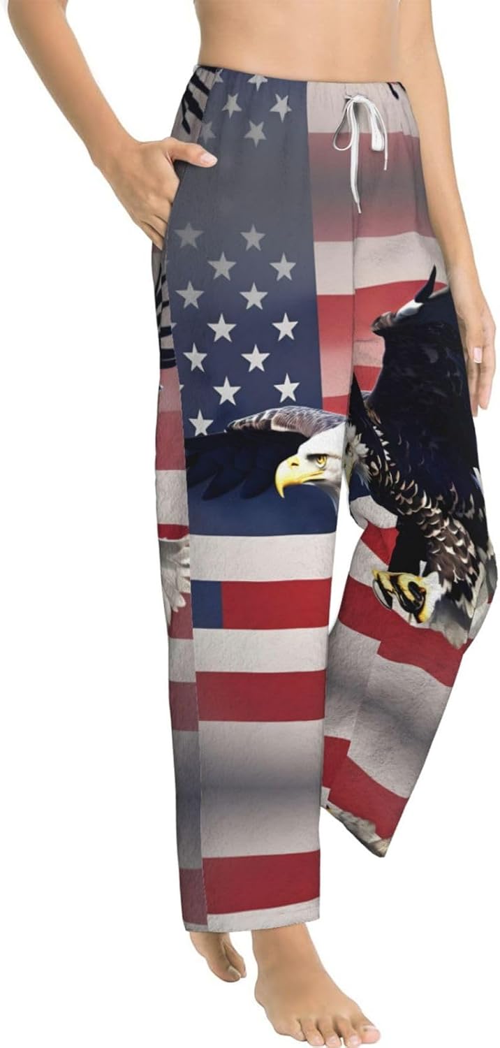 3d Bald Eagle Flying With American Flag Print Cozy Women'S Flannel Pajama Pants,Perfect For Christmas And Everyday Comfort