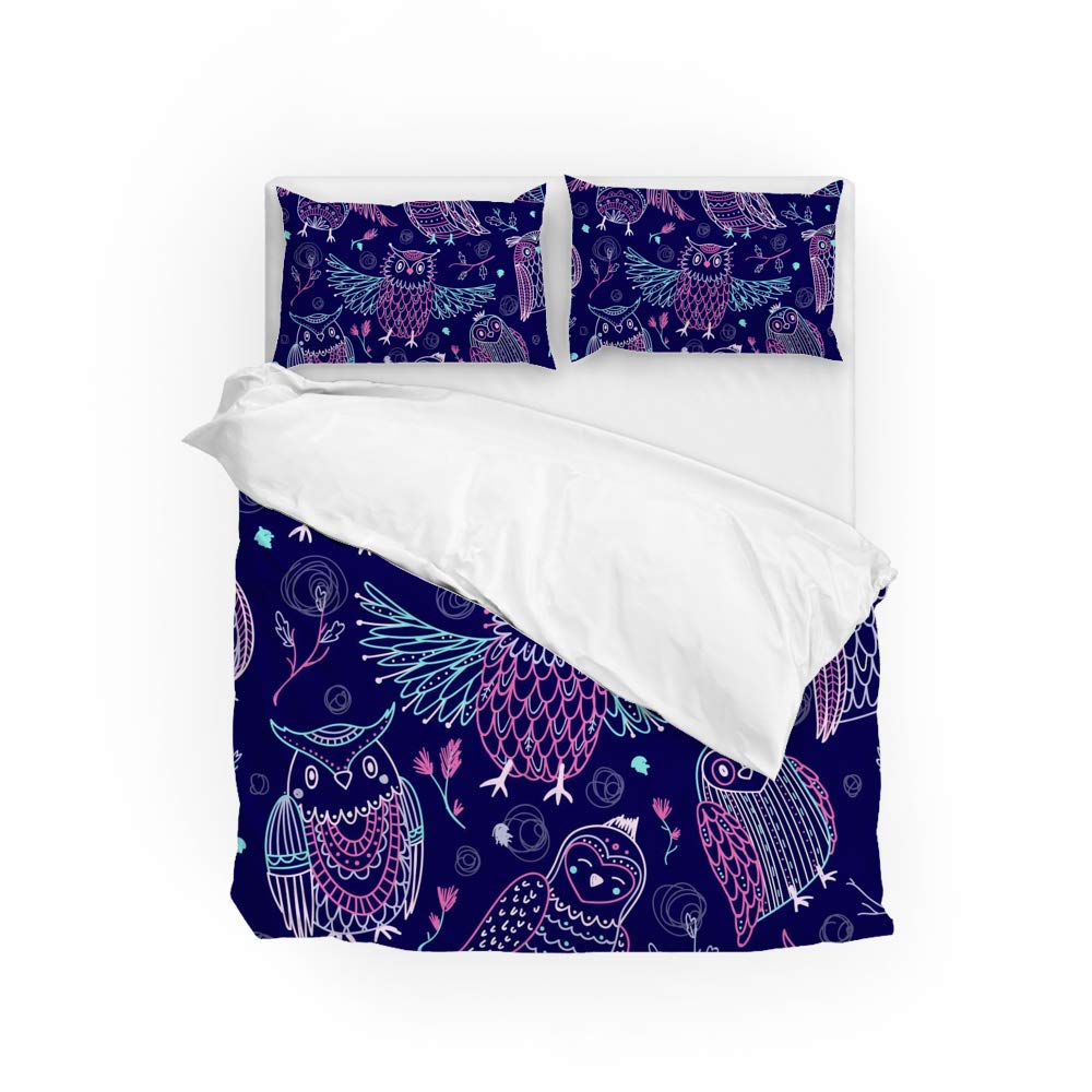 Parure de lit chouettes complète avec housse de couette et taies en polyester