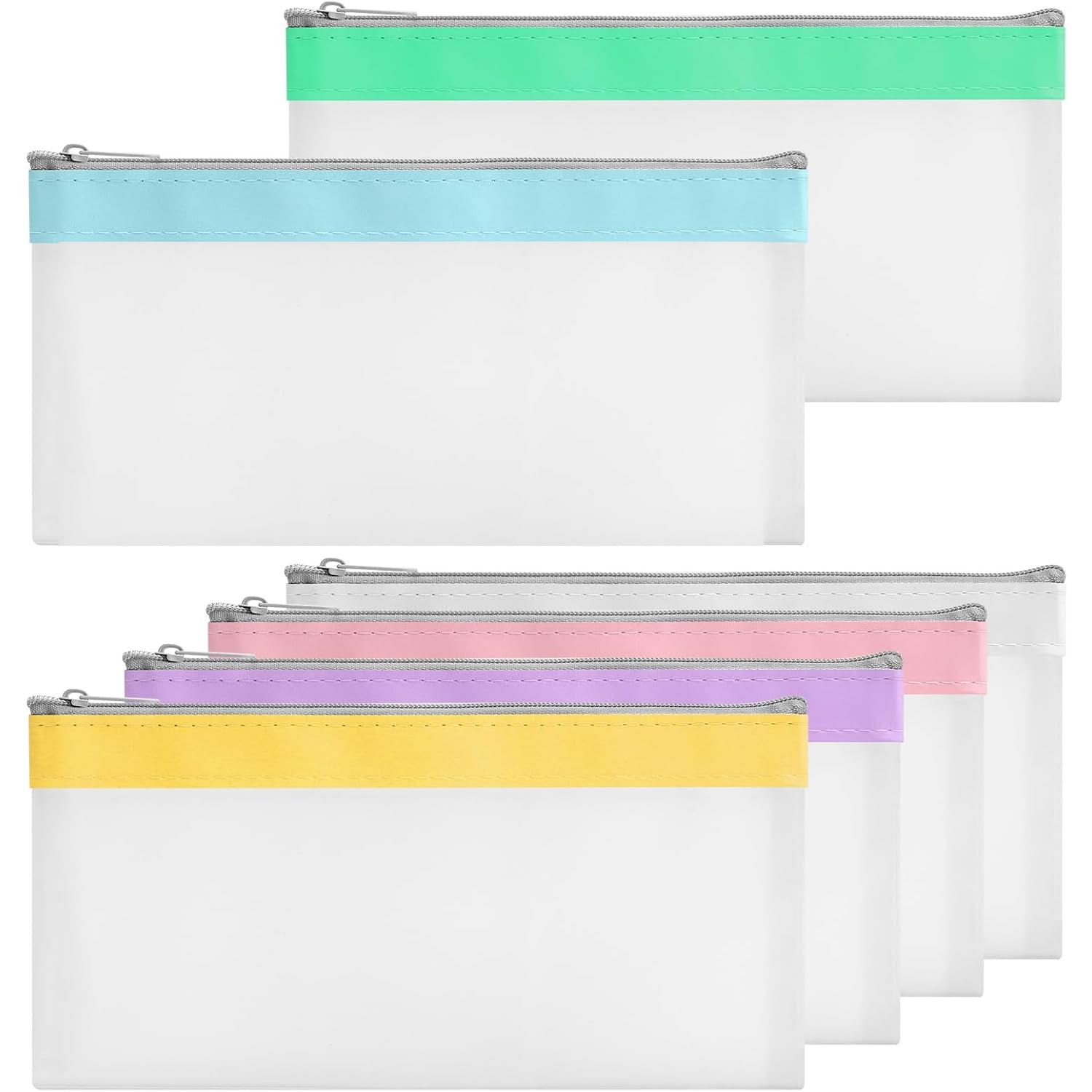 hankousi Pack of 6 Multicolour Stationery Organiser Pouches – Ideal Pencil Bag for School, Exams & Storage, Transparent Zip Envelope Pencil Case for Students in 21 x 11 cm