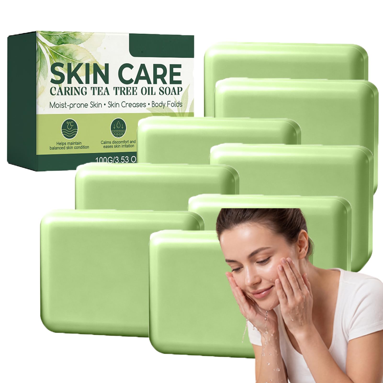 Sapone cura pelle albero tè, bar sapone albero viso corpo, saponi bar sollievo infuso olio di alberi tè tratta disagio piedi, saponi purificanti corpo olio cocco (8pcs)