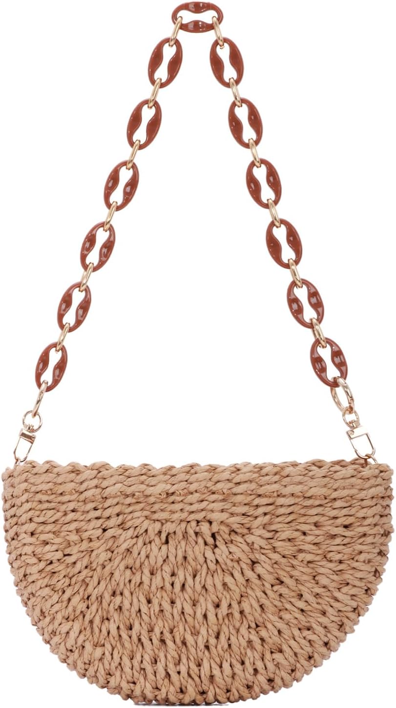 Fecialy Handmade Straw Crossbody Bag for Women Semicircle Woven Handbag Summer Beach Shoulder Bag - Image 7
