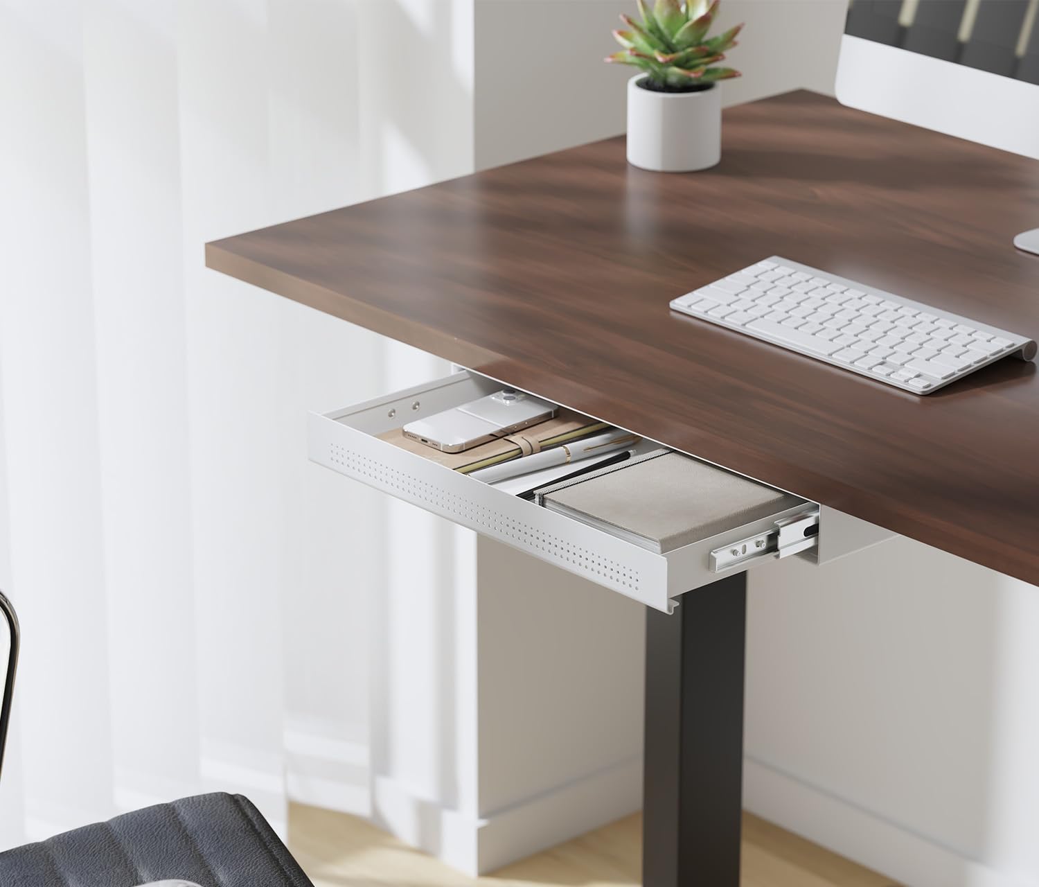 Ergolutions® Unterbau Schublade Slimline Weiß - Flache, Einfache Montage, Vollauszug, Für Büromaterial, Laptop, Tablet, Stahl, Traglast 10kg, Für Steh-/Sitz-Schreibtische