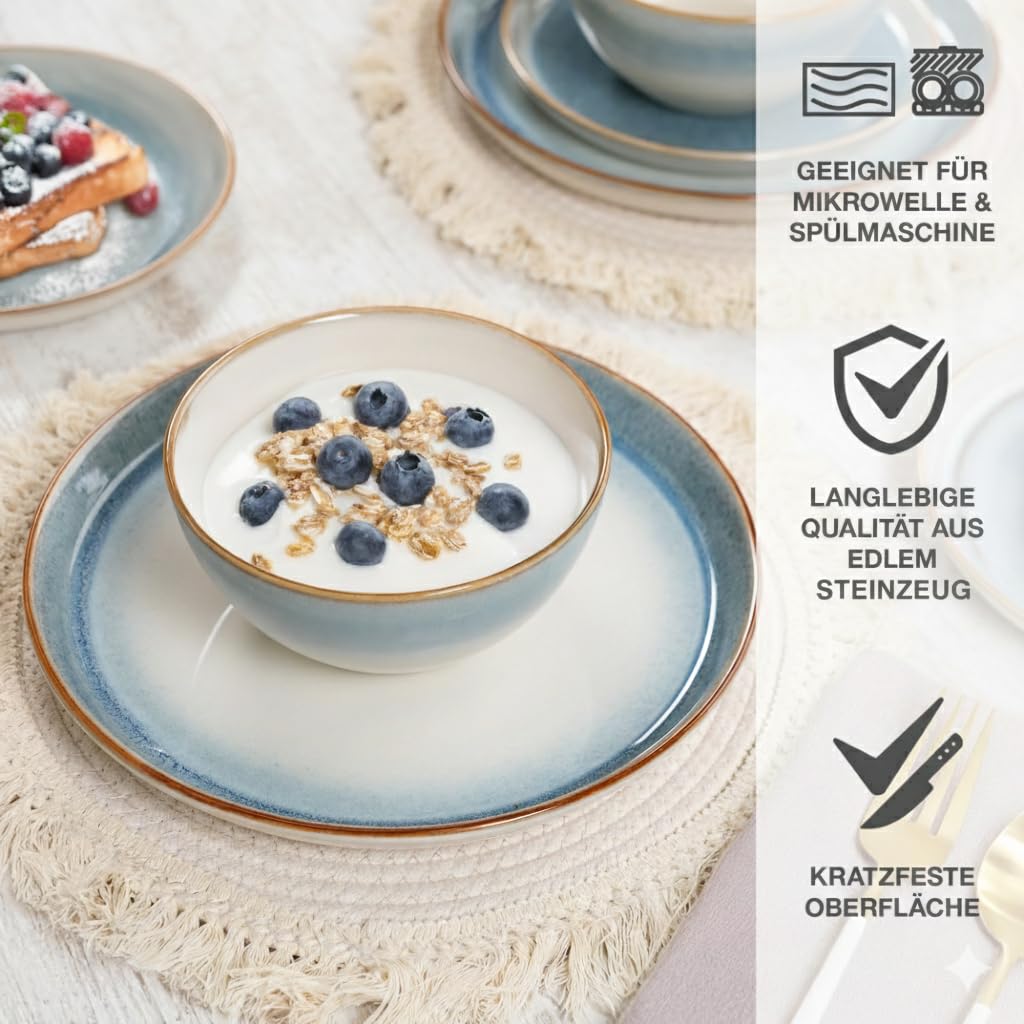 Moritz & Moritz TARENTO Service de table 24 pièces pour 6 personnes Bleu – Élégant ensemble d'assiettes en grès de qualité supérieure – Set de vaisselle composé de 6 assiettes à dîner, 6 assiettes à