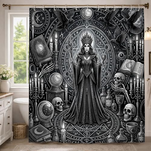 Hexen-Duschvorhang, Gothic, mystischer Totenkopf, Kerze, Halloween, schwarz, Polyester, wasserdicht, Toilettenstoff, Duschvorhänge, Dekoration für Badezimmer, Gästezimmer, 137 x 198 cm
