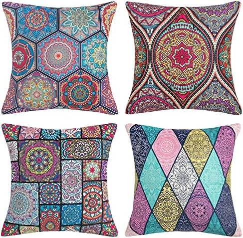 Cushion Covers 45 x 45cm Throw Pillow Cases Bohemian Mandala Floral Pillowcases Cotton Linen Square Outdoor Decorative Modern Hippy Art Pillow Covers for Couch Sofa Pack of 4