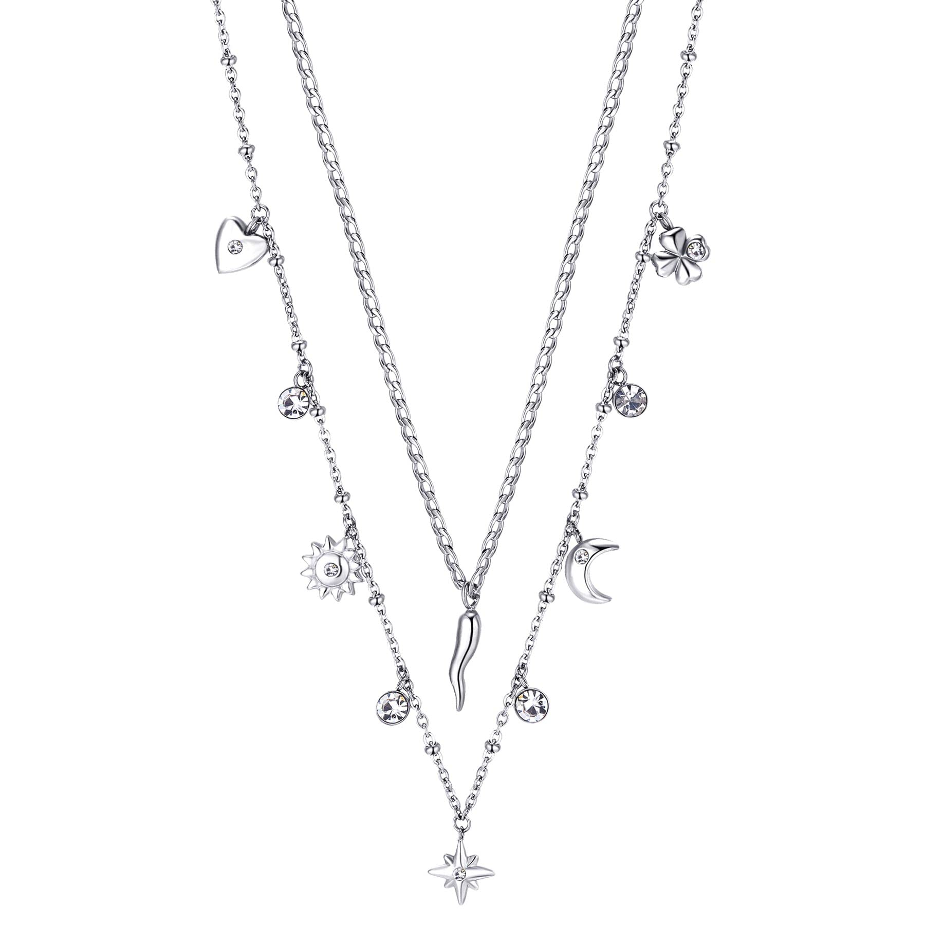 Brosway Collana Donna, Collana in Acciaio e Cristalli con Simbolo Cornetto/cuore/luna/quadrifoglio | Collezione Chant - BAH45