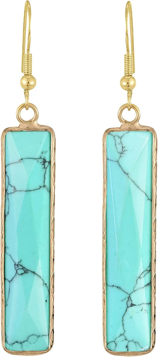 AeraVida Rectangular Natural Stone Gold-Plated Sterling Silver Dangle Earrings – 63mm Bohemian Statement Drop Jewelry with 925 Silver Fish Hooks