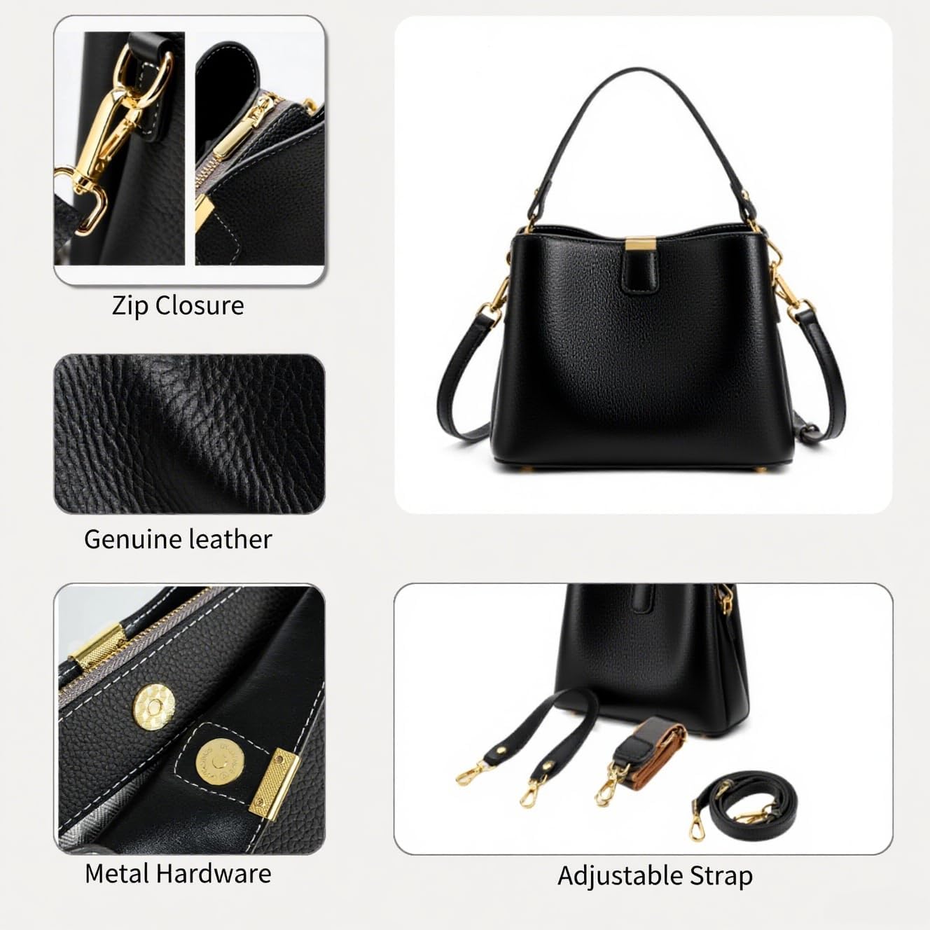Leather Bucket Bag for Women, Soft Crossbody Top-handle Purse with 2 Style Adjustable Straps, Spacious Daily Handbag for Work - Image 4