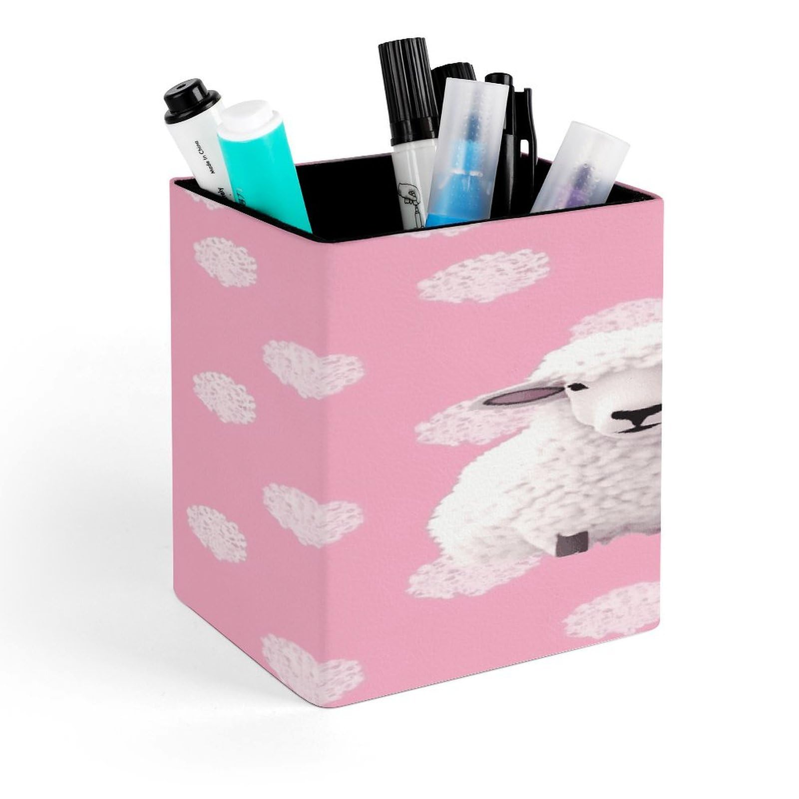 FekiLoot White Sheep on Pink Background Pen Holder Personalized Desktop Pencil Holders Case Office Accessories Container Box for Square Pen Cup Desktop Organizer Makeup Brush Holder Caddy Storage