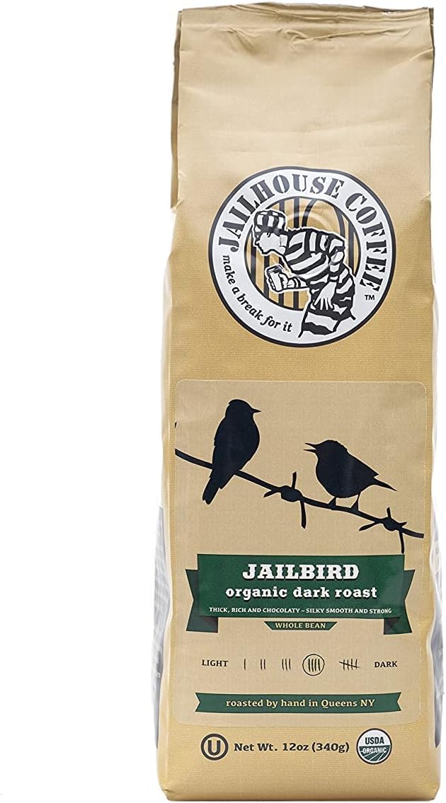 Jailhouse Coffee 'Jailbird' Organic Dark Roast Whole Bean, Medium Roast, 12 oz, Chocolaty, Strong & Smooth