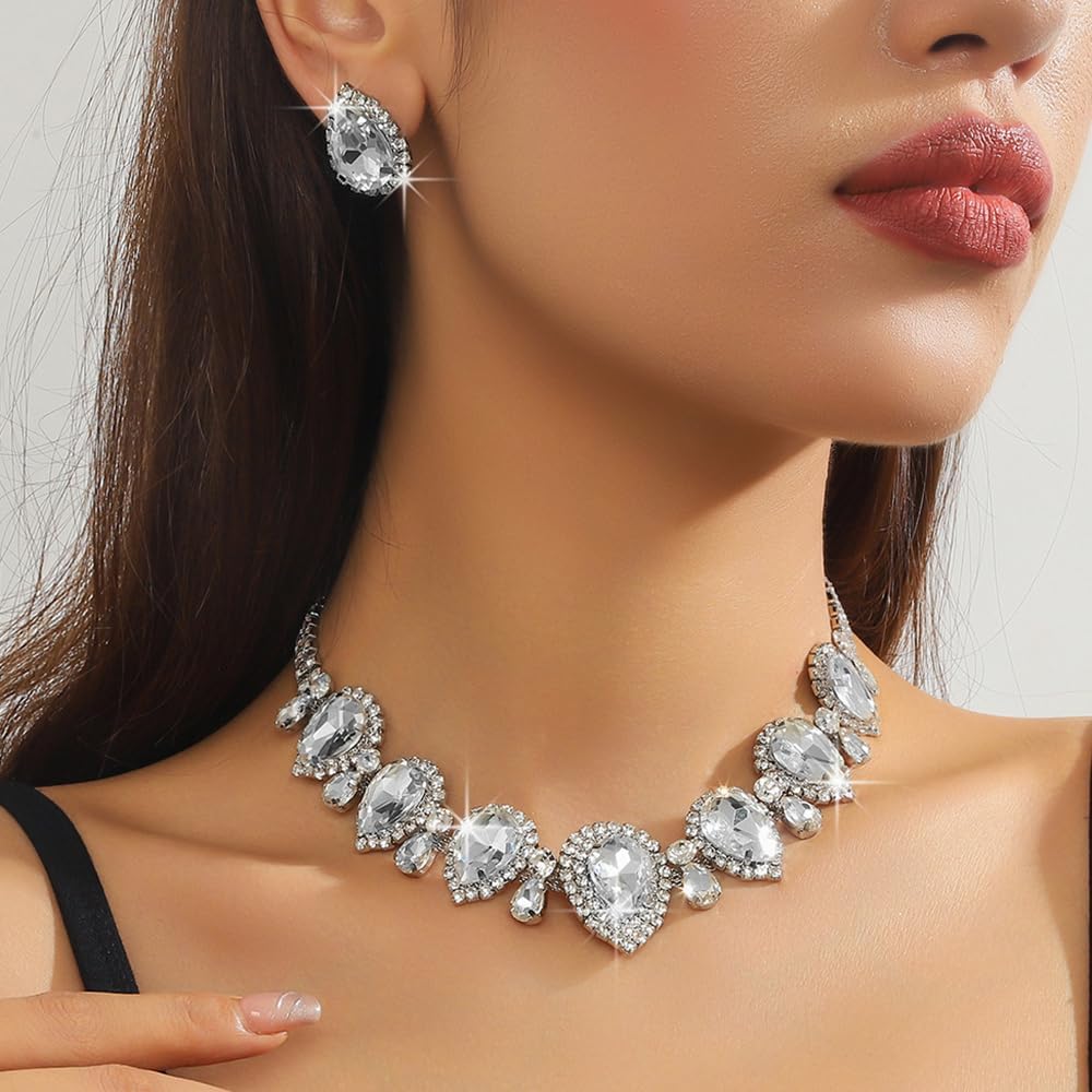 Fashion Colorful Silver Bridal Teardrop Layered Crystal Necklace Earrings Set Sparkly Rhinestone Crystal Elegant Bridal Floral Teardrop Choker Earrings Set Christmas Halloween Full Rhinestone Choker Necklace for Women - Image 3