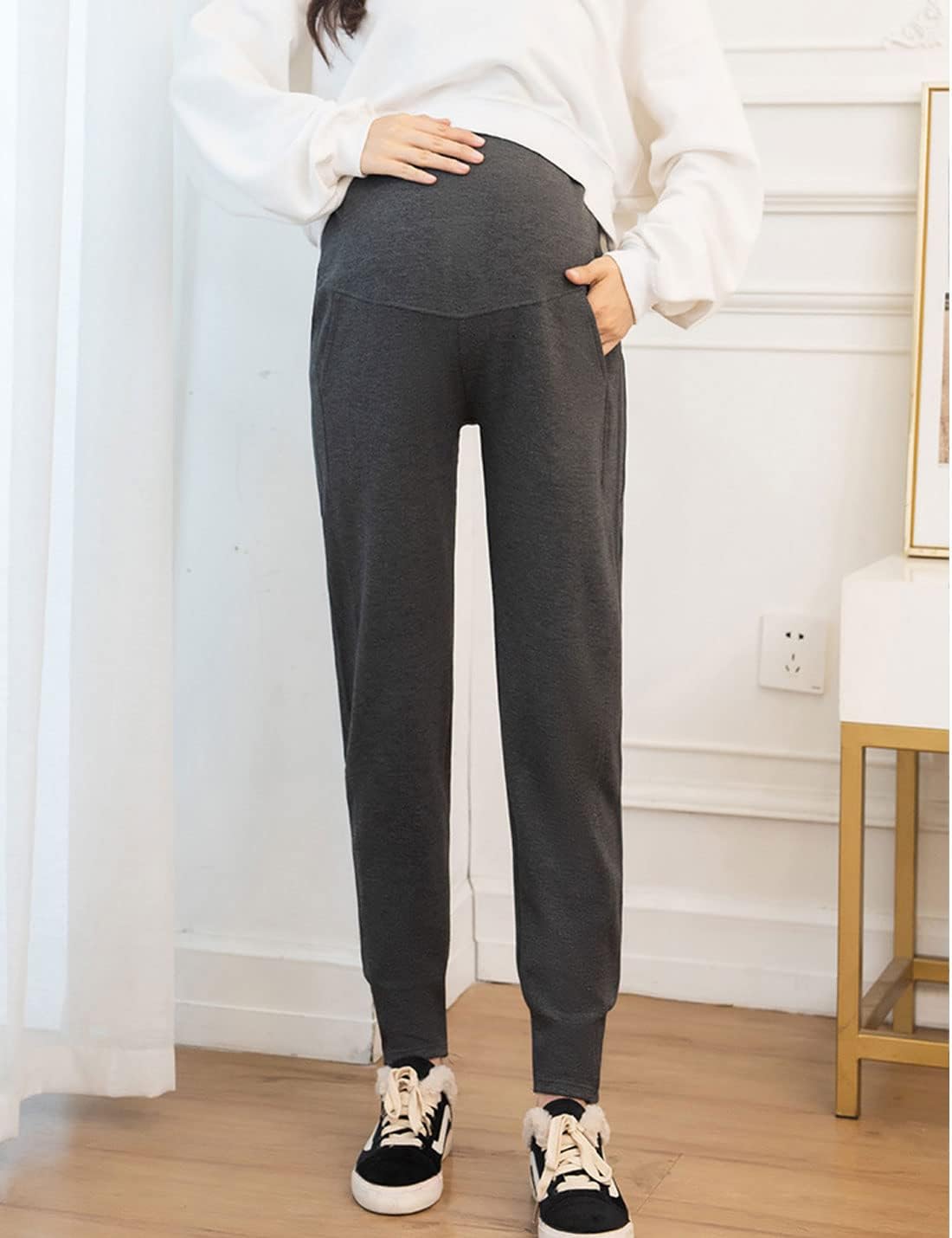 Autumn Winter Over Bump Maternity Fleece Sherpa Lined Sweatpants for Pregnant Women