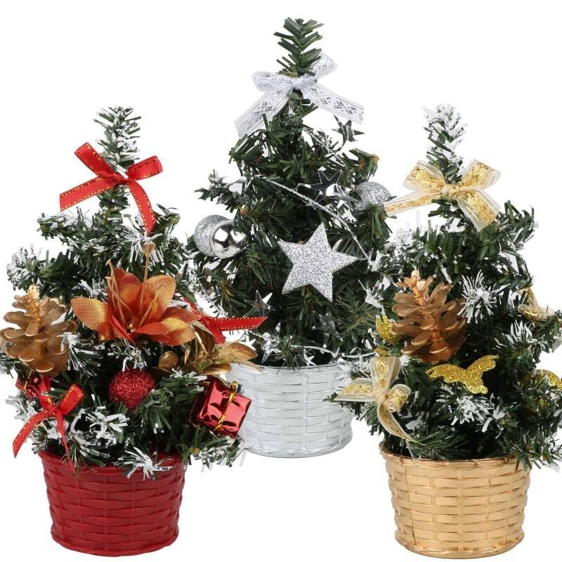 Small Artificial Christmas Tree Set of 3 with Decorations Tabletop & Desk Mini Trees for Holiday Display Festive Ornaments Included | Desktop Christmas Decor for Home Office Party(Christmas Chri