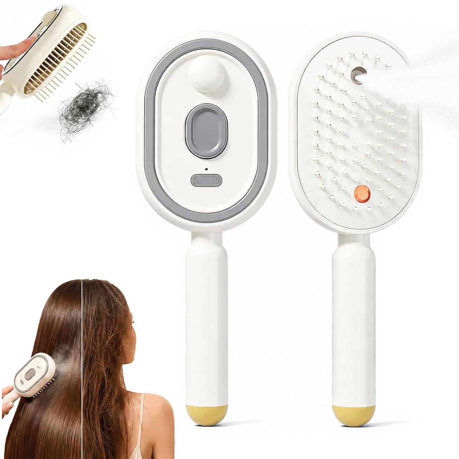 2026 Upgraded 3 in 1 Electric Steam Brush for Hair – Rechargeable Self-Cleaning Spray Comb with Water Mist, Anti-Frizz Air Cushion Massage for Long Short Hair Frizz Control (White)
