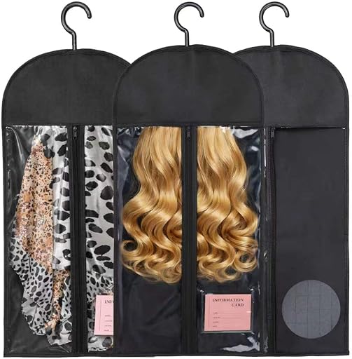 3PCS Anti-Static Wig Storage & Care, Multi-functional Wig Holder for Multiple Wigs Wig bags for travel, Dust-Proof Storage Organizer with Hook for Hair Extensions, Wigs & Accessories (Black)