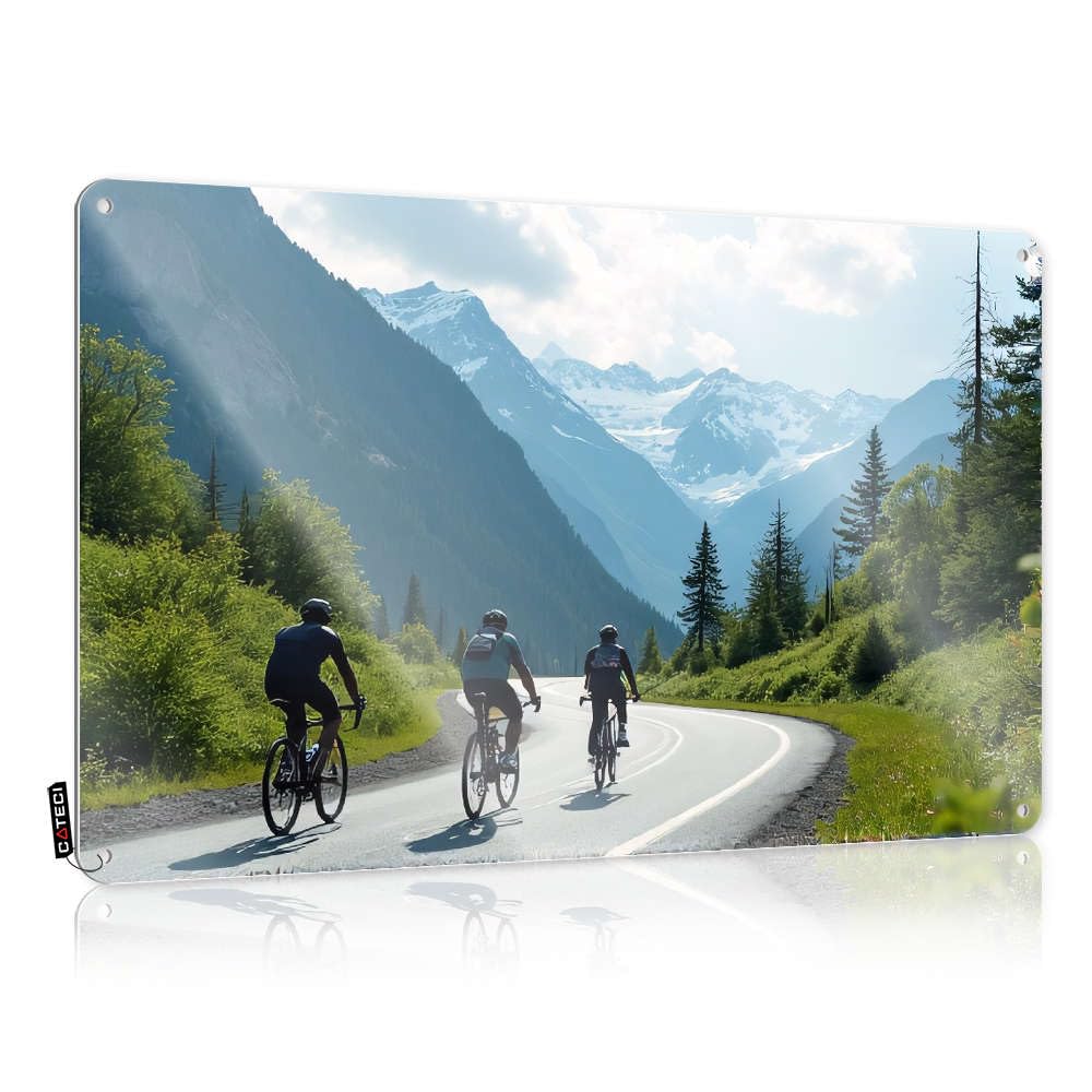 Sign Trespassing Faded Three Cyclists Ride Along A Scenic Mountain Road. For Restaurant - Print Customizable(20X30CM)
