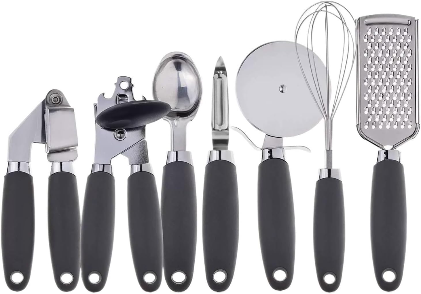 7-Piece Stainless Steel Kitchen Gadgets Set, Includes Can Opener, Pizza Cutter, Egg Beater, Peeler, Ice Cream Scoop, and More, Black(Black)