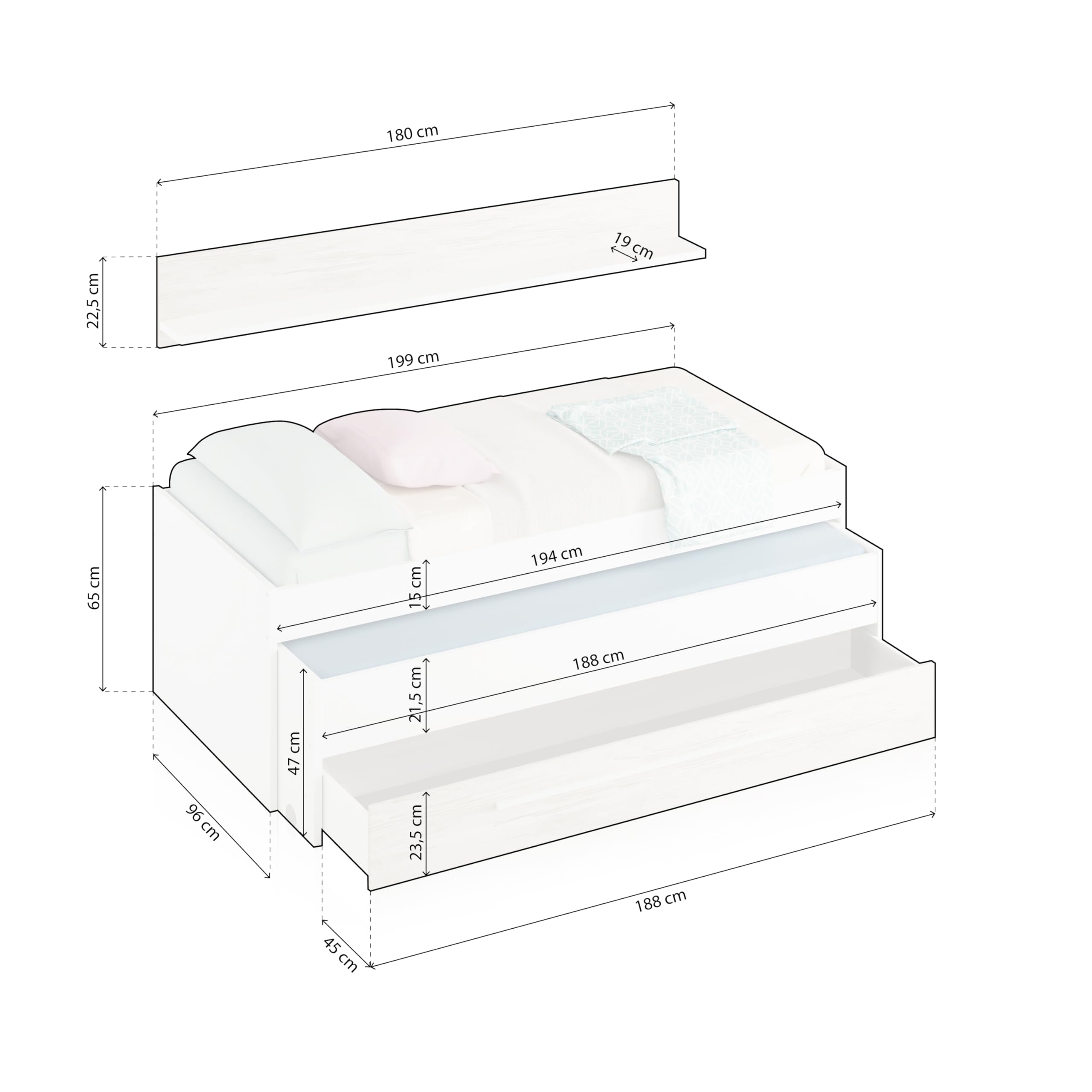 Cama Nido Juvenil 2 Camas Cajon Estante Modelo Nuit Blanco 199x96x65 cm
