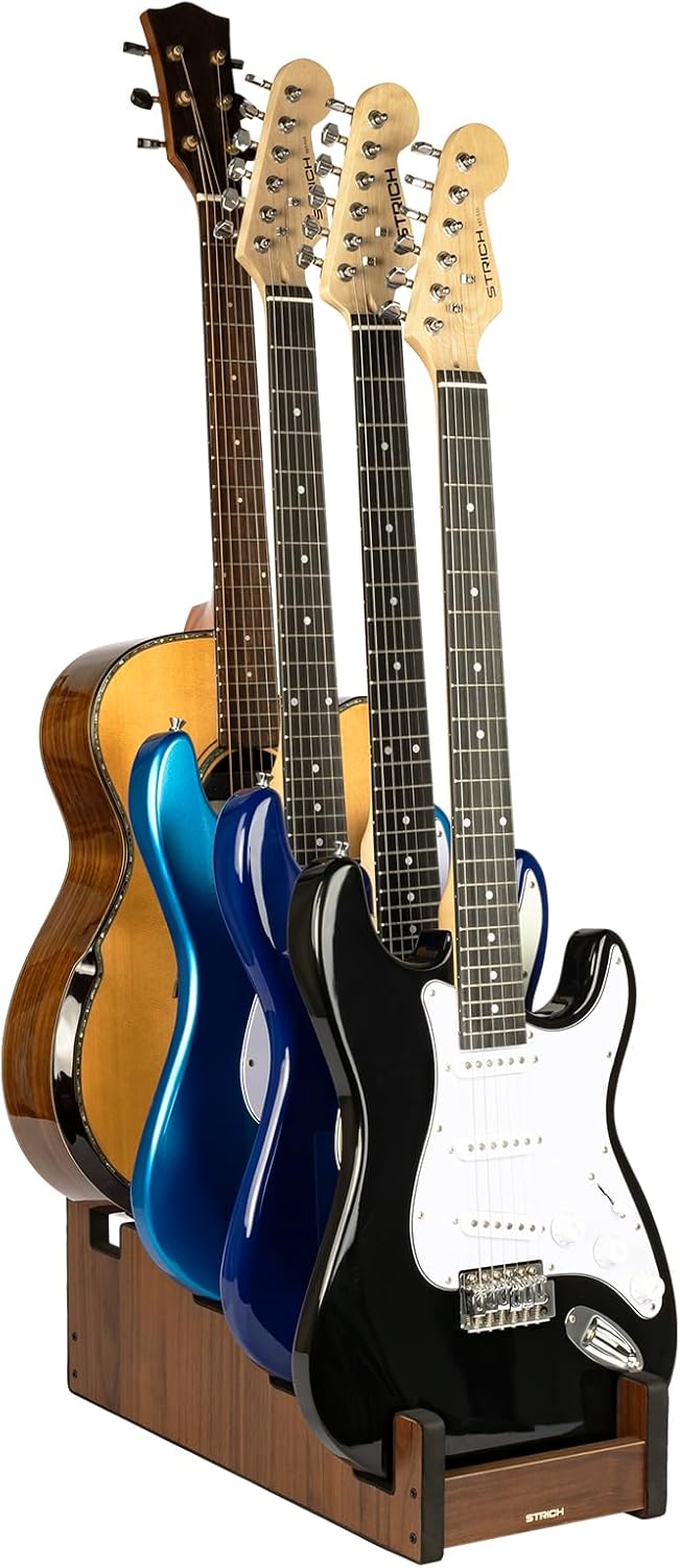STRICH Wooden Guitar Stand for Multiple Guitars, 4-Holder, Front Display Space-Saving Floor Guitar Rack for Home, Studio, Stage, Walnut Color, L-3E1AW (For 3 Electric+1 Acoustic)