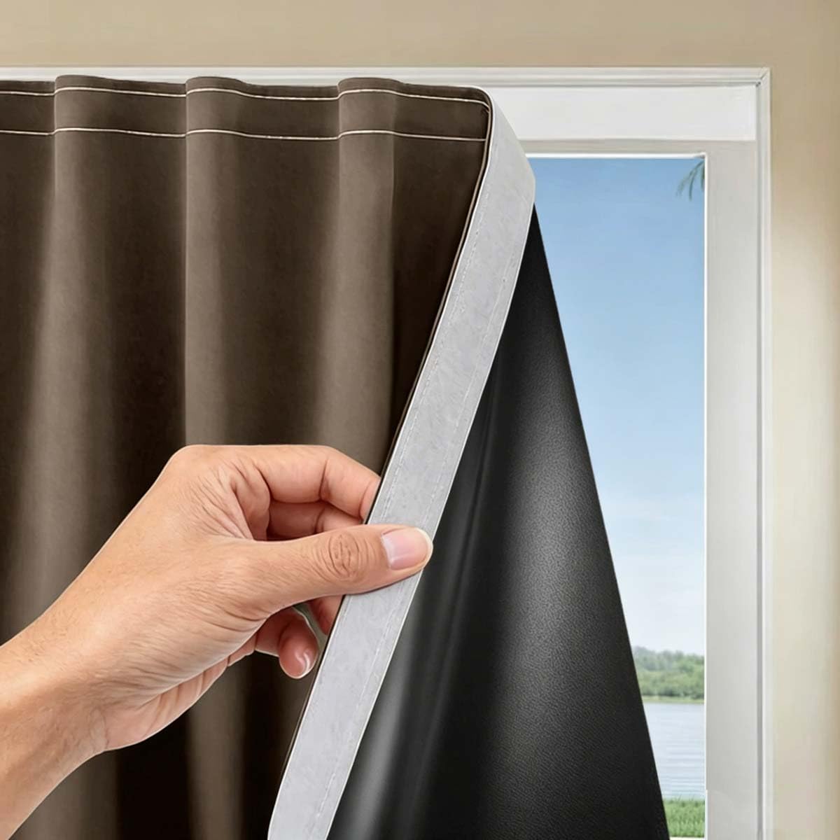 100% Blackout Blind, Self Adhesive Curtains Portable Blackout Blind for Windows Living Room Bedroom Nursery Loft RV Car, Hook & Loop Strip, No Drilling (90W x 100H cm,Coffee)