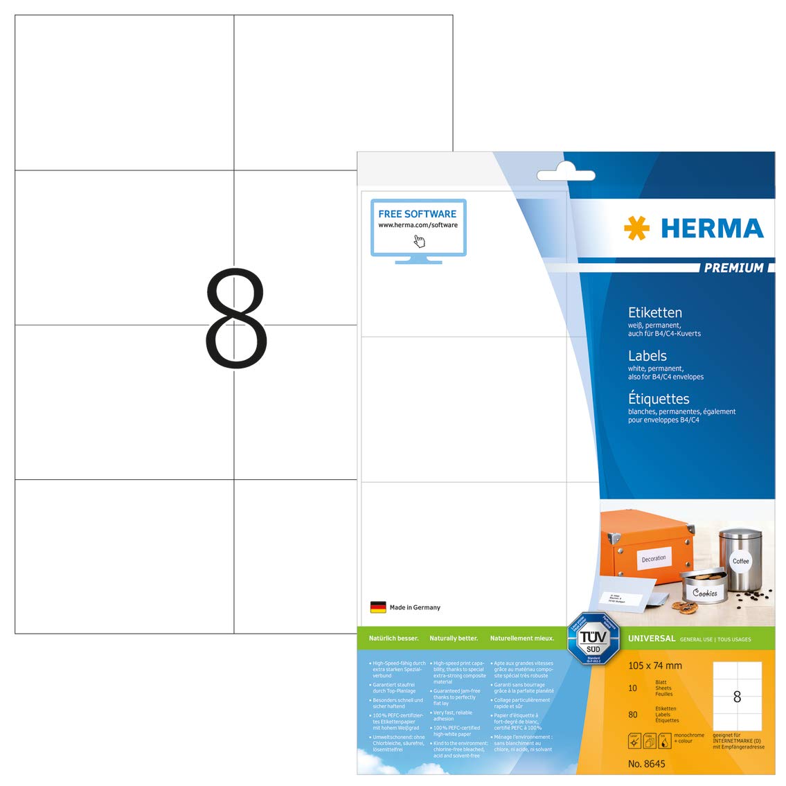 HERMA Premium Etiketten 105 x 74 mm, Weiß, mattes Papier, dauerhaft klebend, A4, 80 Stück (10 Blätter × 8 Etiketten)