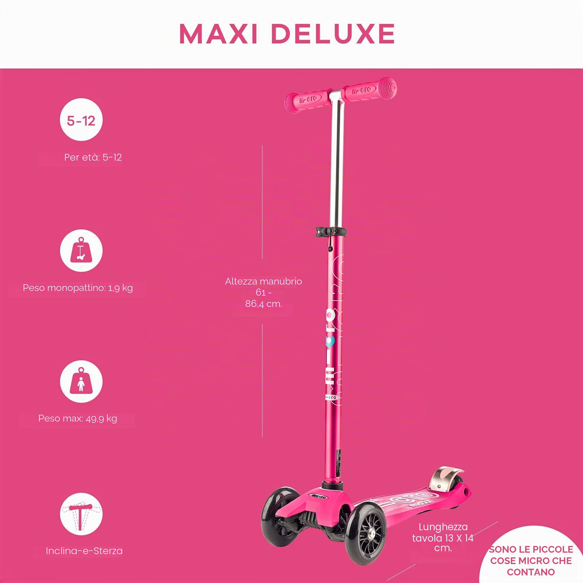 Micro® Maxi Deluxe, design originale, monopattino a 3 ruote, 5 – 12 anni, peso 2,5 kg, carico fino a 70 kg, altezza 67 – 91 cm, cuscinetti ABEC 9, piattaforma antiscivolo
